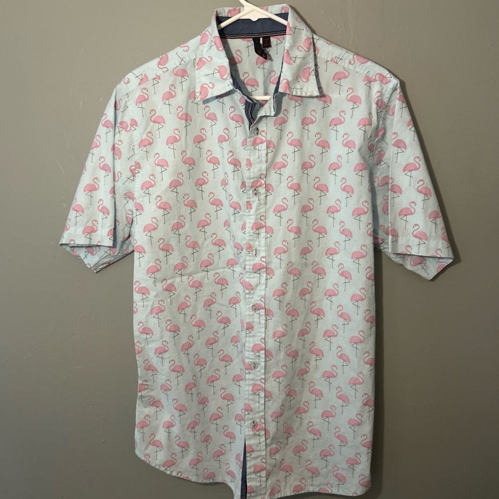 Blue Pink Flamingos Mens Short Sleeve Shirt Hawaiian Size Medium 100% Cotton